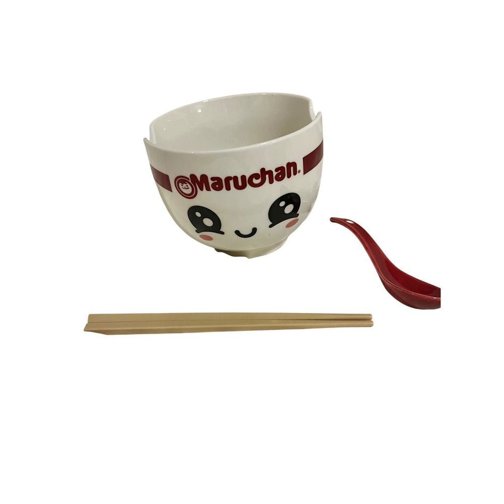 Maruchan Ramen Bowl Set Unisex OS White Excellent Kawaii Face Spoon Chopsticks